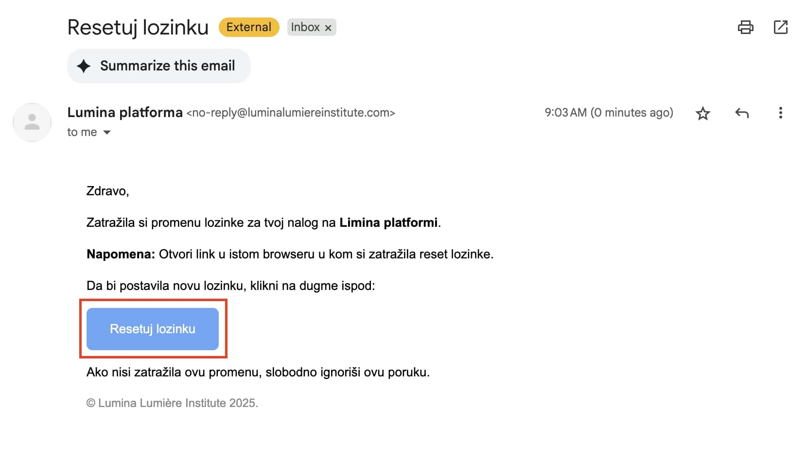 Email sa linkom za resetovanje