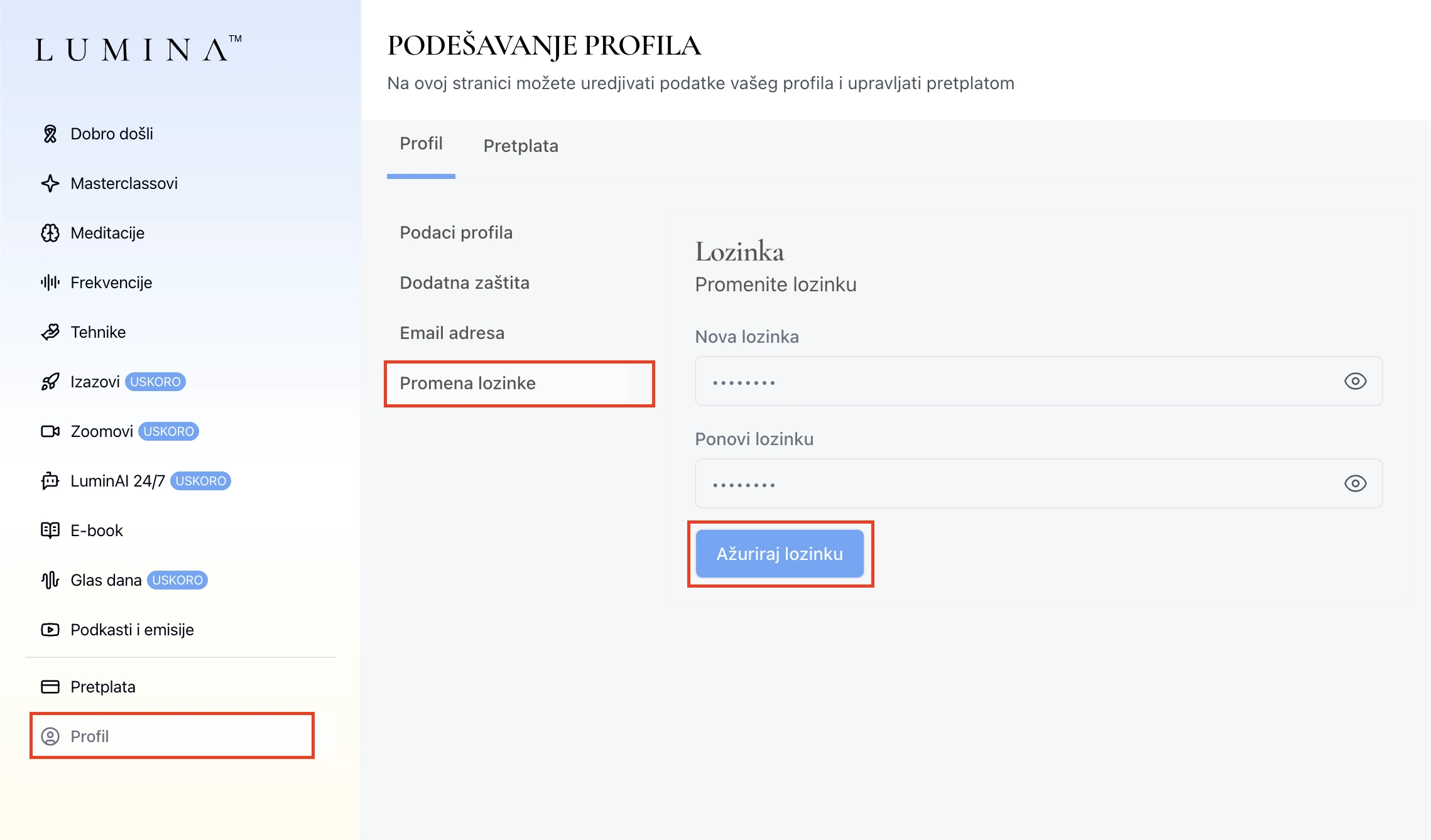 Podešavanje profila — promena lozinke