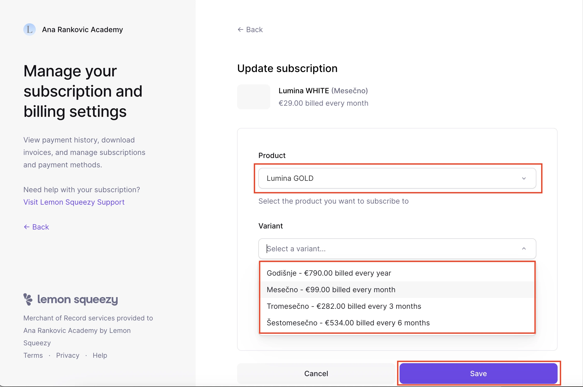 Update subscription — 1. korak: Korisnički portal