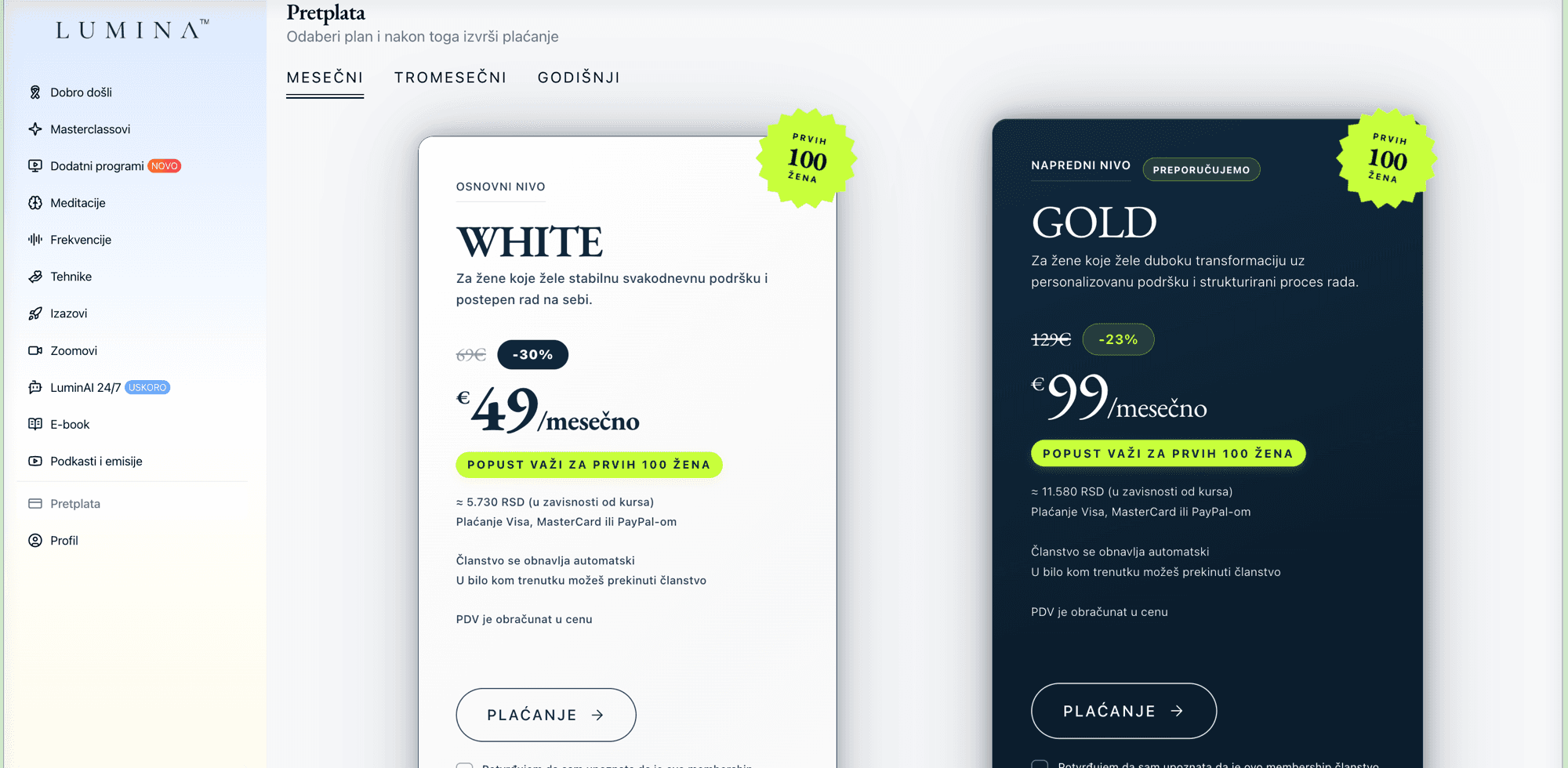 Price boxes na platformi — izbor pretplate